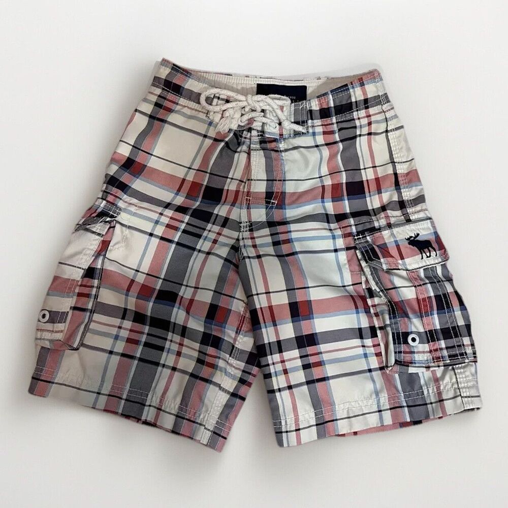 Abercrombie & Fitch Plaid Cargo Pockets Swim Suit Trunks Boys S Red Lined Preppy